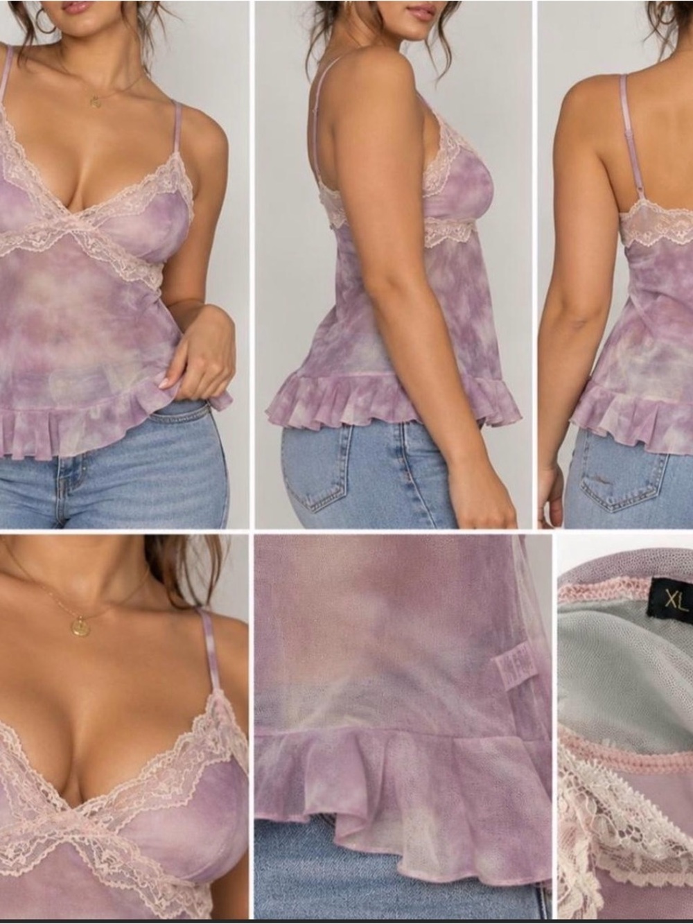 Hesperus Pink Tie Dye Lace Trim Mesh Cami Top XL